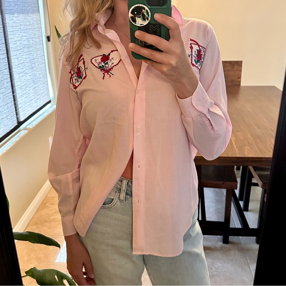 Karen Scott Spring Cottagecore Embroidered Hearts Pink Button-Up Top